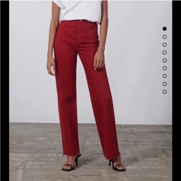 Zara The 90's Full Length Jeans Red Size 4 buttons fly raw ham - Picture 2 of 16